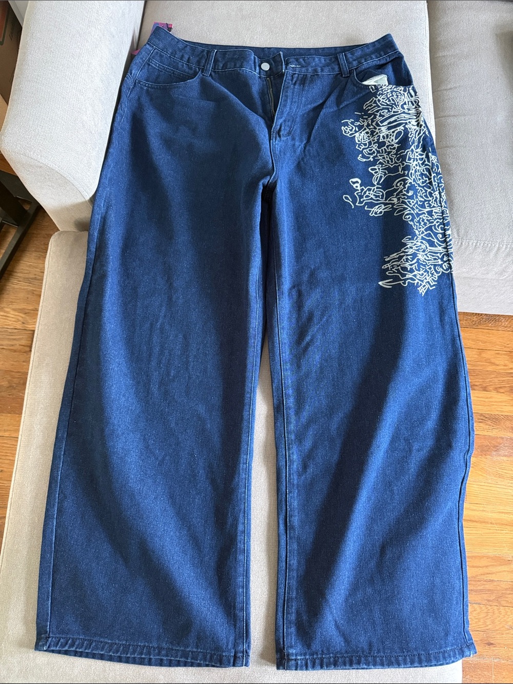 Navy Wide-Leg Jeans with White Side Graphic